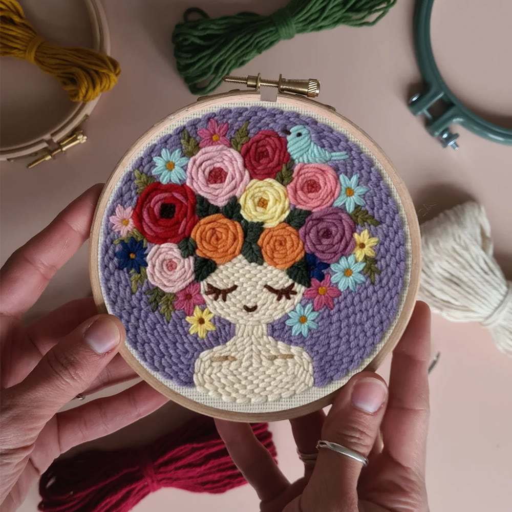 Pastel Floral Portrait With Bird Punch Needle Kit – Artistic Handcraft DIY Work | Elegant Home Decor - image 11