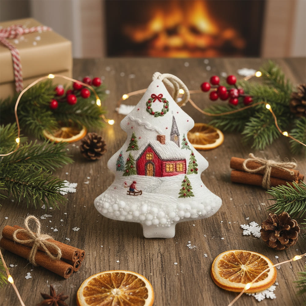 Rubbyoo Tree-shaped Embroidery Kit - Snowy Cottage | Embellished With Winter Charm | Unique Holiday Ornament - image 7