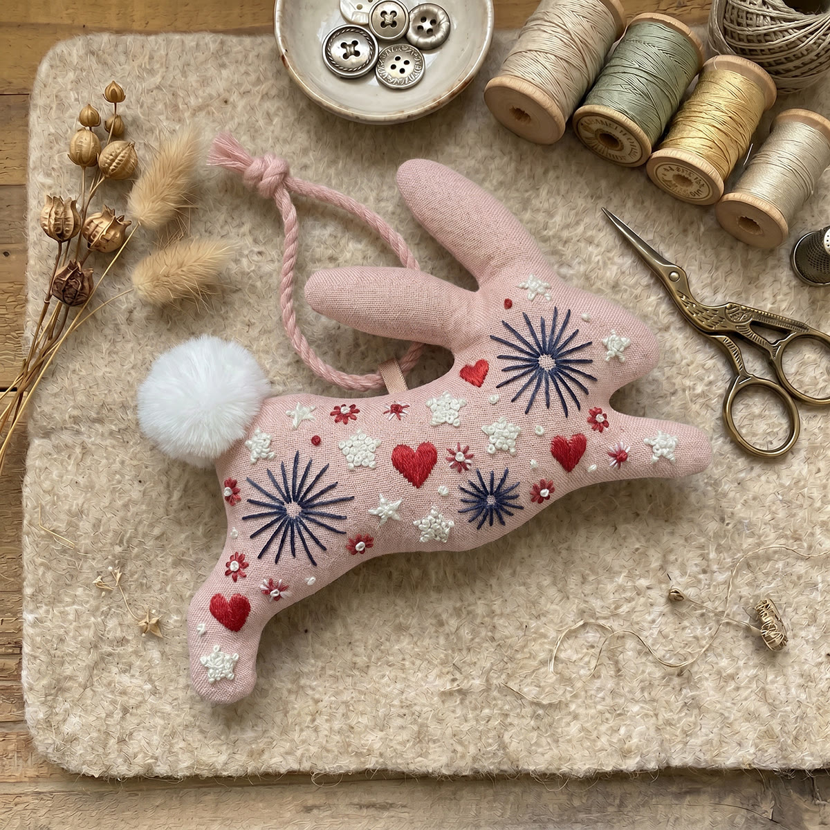 Rubbyoo Rabbit Embroidery Kit - Starlight & Heart | Pink Couple Anniversary Gift | Handmade Folk Art Pendant - image 4