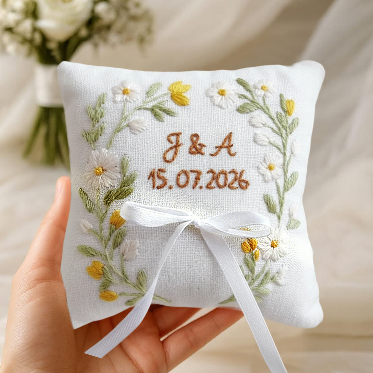 Rubbyoo Personalized Ring Bearer Pillow Embroidery Kit - Daisy Floral Wreath Decor | Exquisite Handmade Creation | Perfect Anniversary Gift - image 7