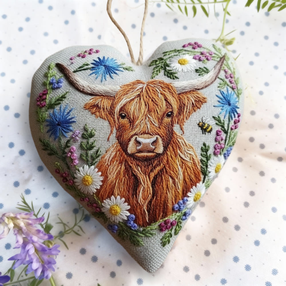 Rubbyoo Heart Embroidery Kit - Highland Cow And Wildflower | Whimsical Craft | Rustic Gift Pick - image 9