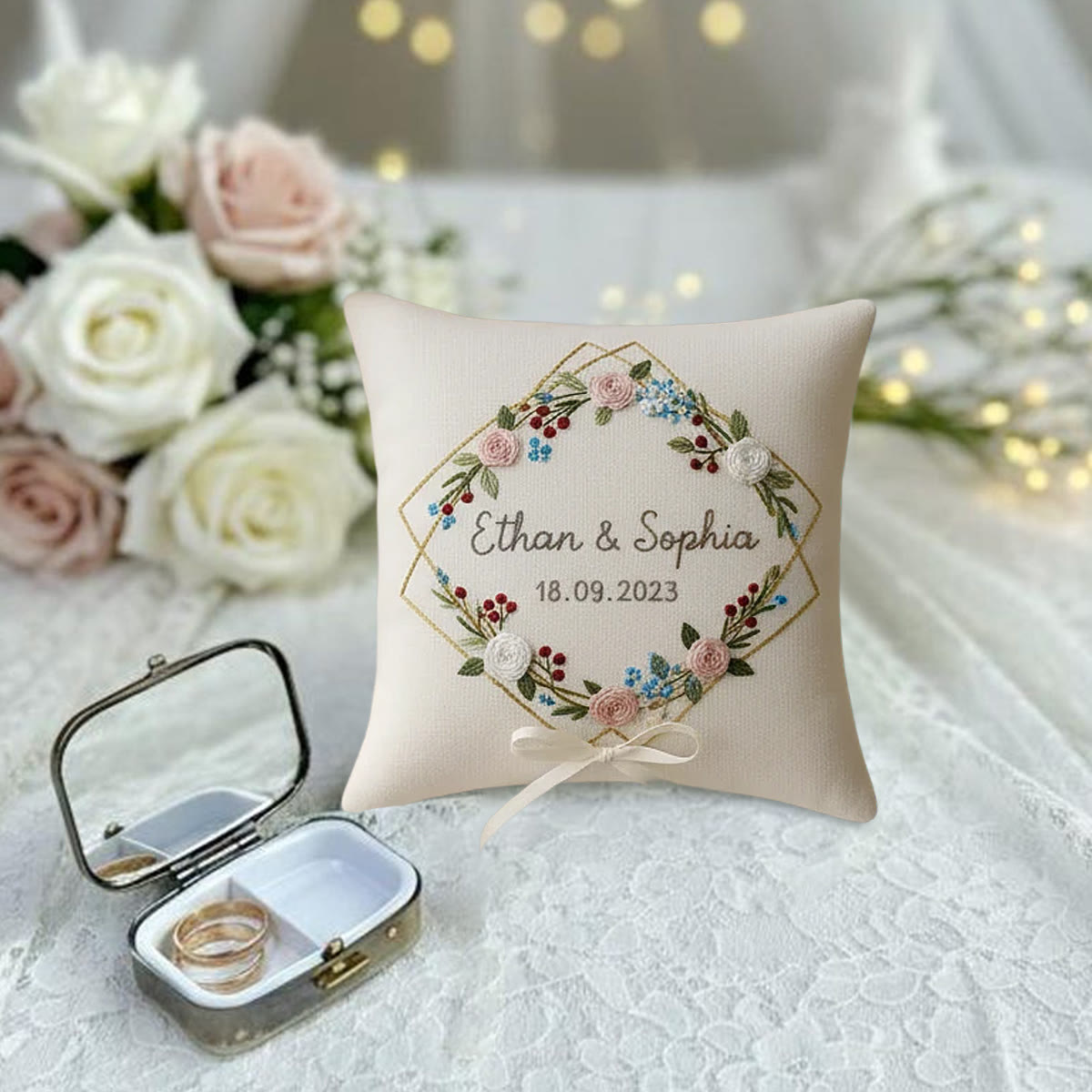 Rubbyoo Personalized Ring Bearer Pillow Embroidery Kit - Floral Wreath Hexagon Decor | Creative Handmade Display | Perfect For Wedding - image 4