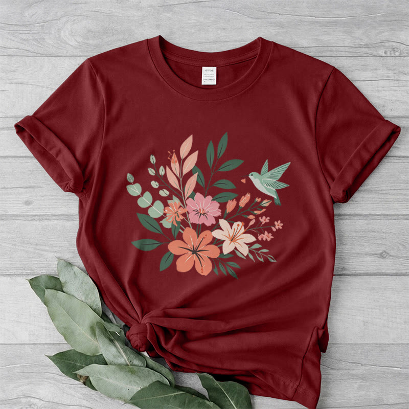Rubbyoo Wonderful Garden  Graphic Tee  - Artistic  Hummingbird & Flower Pattern  | Summer Lightweight Casual Wear - image 16