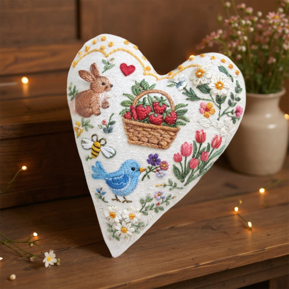 Rubbyoo Heart Embroidery Kit - Bunny Strawberry Basket Bird | Newbie-friendly Diy Project | Elegant Embroidered Hanging Ornament - image 7