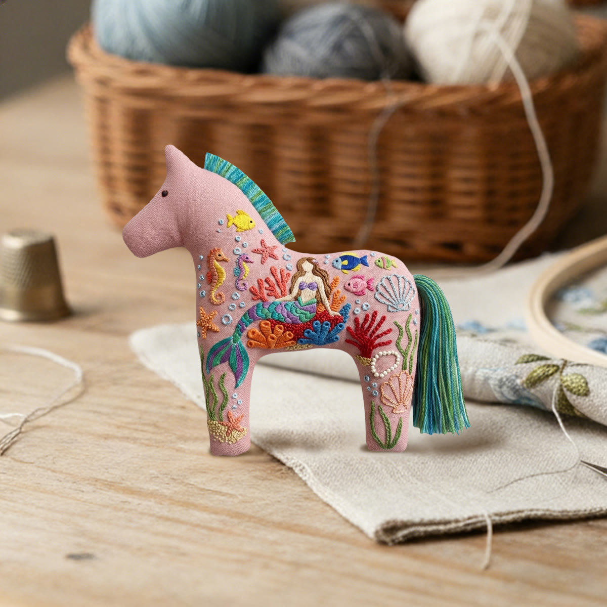 Rubbyoo Dala Horse Embroidery Kit - Pastel Pink Mermaid | Intricate Gift For Her | Summer Bag Charm - image 2