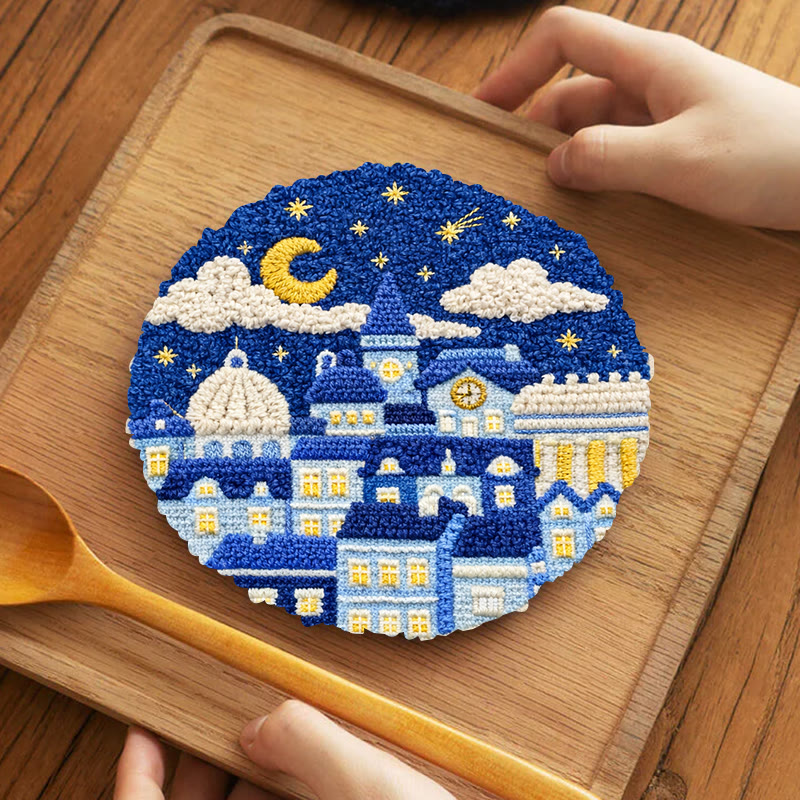 Starry Night Townscape Punch Needle Kit – Fun Handcraft Diy | Cozy Home Decor - 5 inch Coaster Kit - image 4