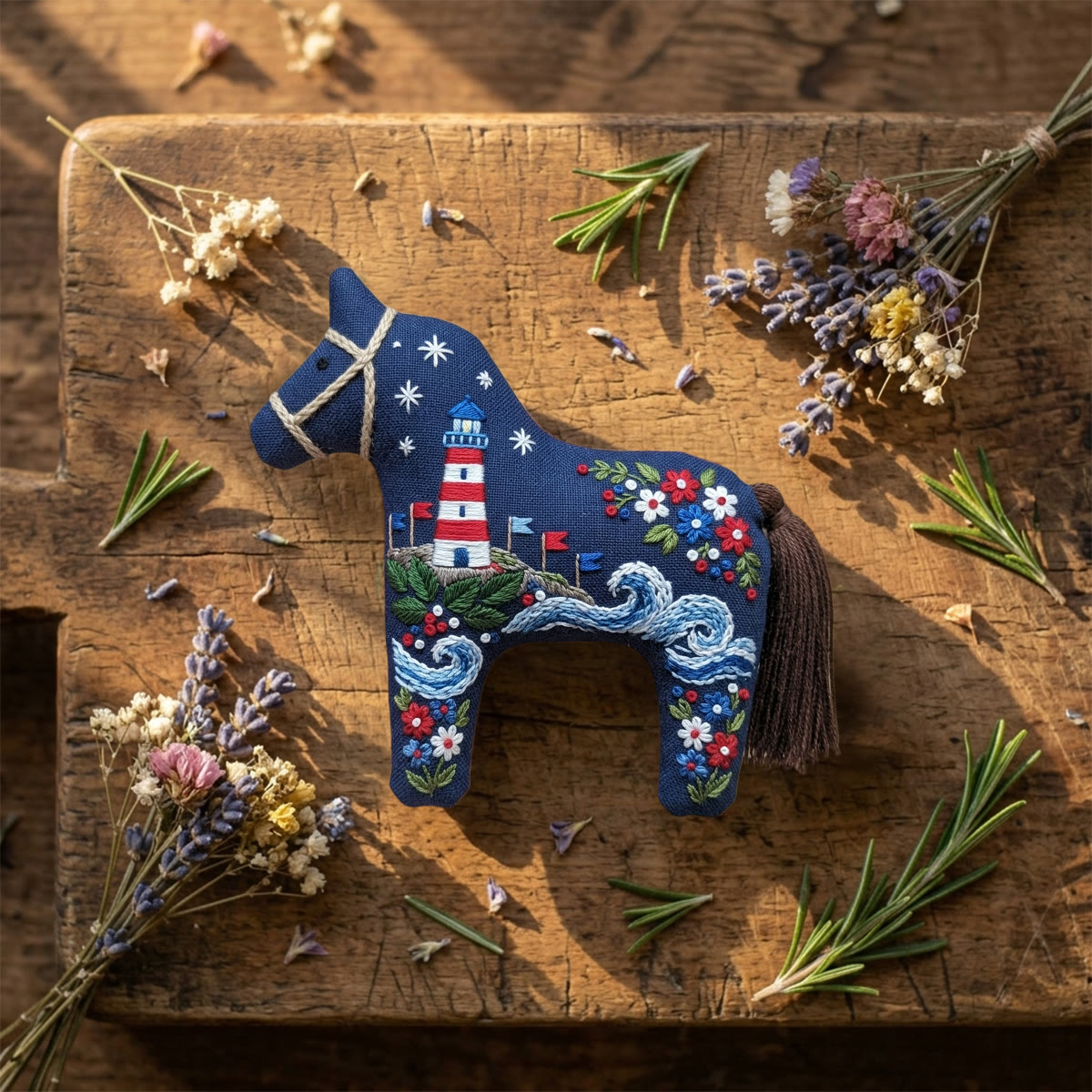 Rubbyoo Dala Horse Embroidery Kit - Lighthouse On The Sea | Blue Floral Folk Art Ornament | Exquisite Handmade Art Piece - image 8