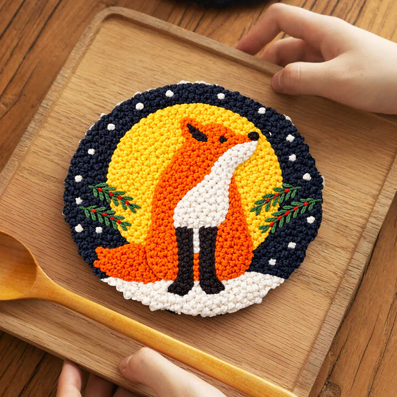 Wintry Moonlit Fox Punch Needle Kit – Top Gifting Choice | Cozy Warm Decor Pendant - 5 inch Coaster Kit - image 4