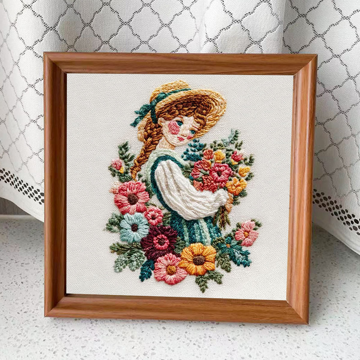Rubbyoo Embroidery Kit - Straw Hat Girl With Bouquet | Cozy Home Decor Accent | Beginner-Suitable Craft - Embroidery Kit Plus An Extra Frame - image 4