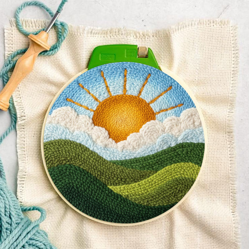 Bright Sunrise Cloudscape Green Hills Punch Needle Kit – Handcrafted Decor Hanger | Novice Friendly Diy Project - image 3
