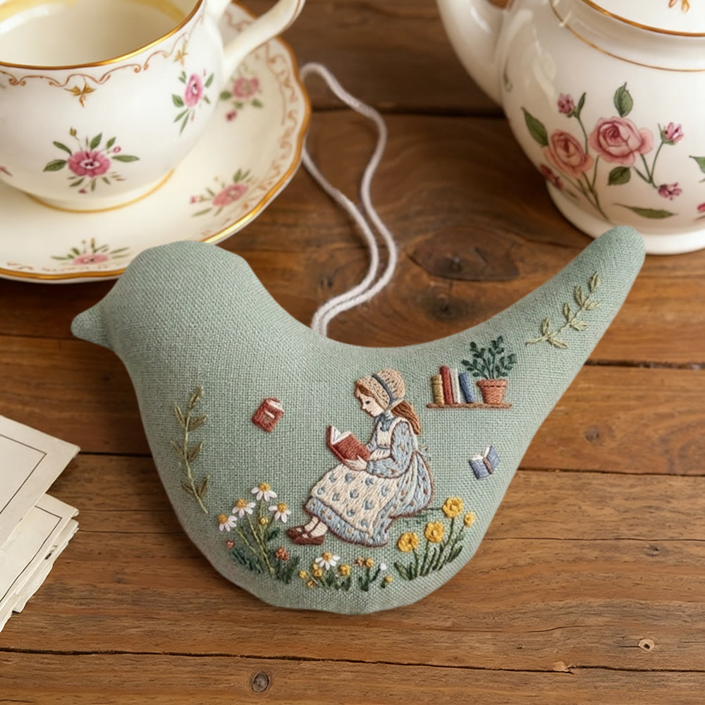 Rubbyoo Bird-shaped Embroidery Kit - Floral And Reading Girl | Slow Living Aesthetic | Bookish Hanging Decor - image 4