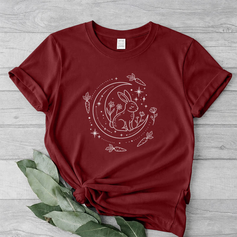 Rubbyoo Celestial Rabbit Graphic Tee  - Fairy-tale Inspired Bunny Pattern | Charming Colorful Crewneck Cloth - Burgundy - 2XL - image 11