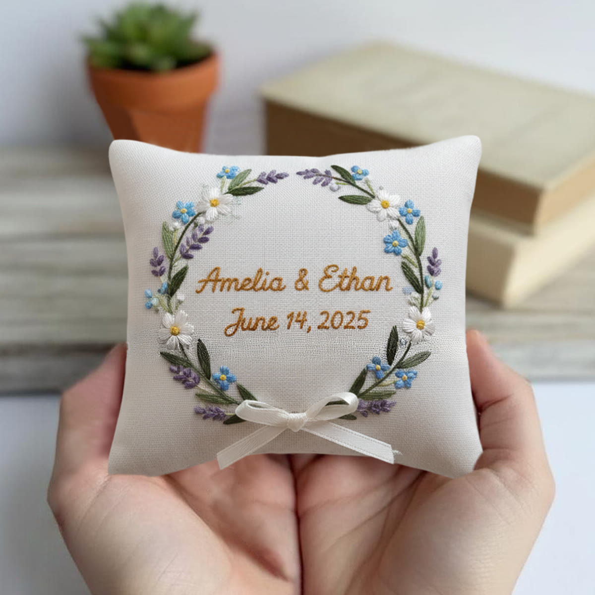 Rubbyoo Personalized Ring Bearer Pillow Embroidery Kit - Blue Daisy Lavender Wreath | Gift-giving Handcraft | Special Date Celebrations - image 3