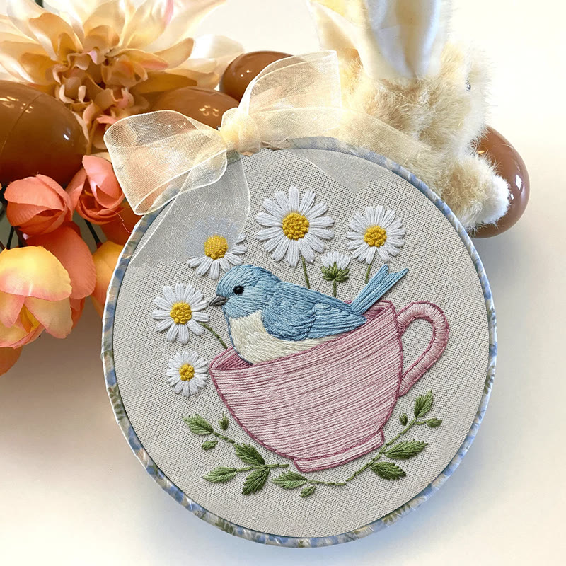 Rubbyoo Embroidery Kit - Floral Bird Cup | Handmade Stitch Art | Unique Home Collection - image 3