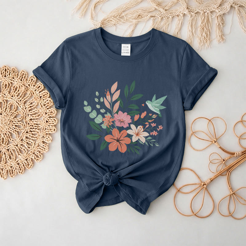 Rubbyoo Wonderful Garden  Graphic Tee  - Artistic  Hummingbird & Flower Pattern  | Summer Lightweight Casual Wear - Navy - 2XL - image 8