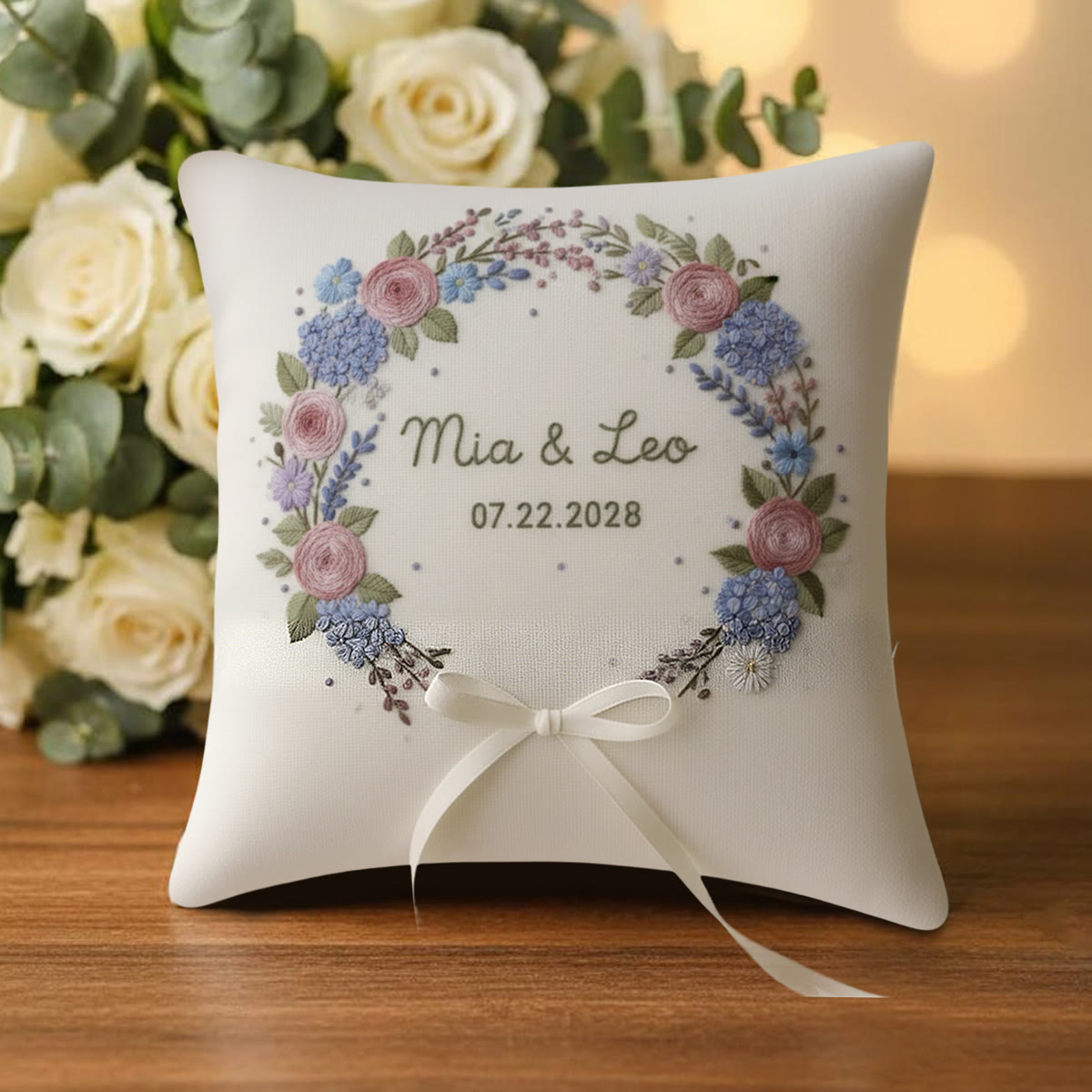 Rubbyoo Personalized Ring Bearer Pillow Embroidery Kit - Pink Rose Hydrangea Floral Wreath | Bespoke Handmade Work | Wedding Table Accents - image 6