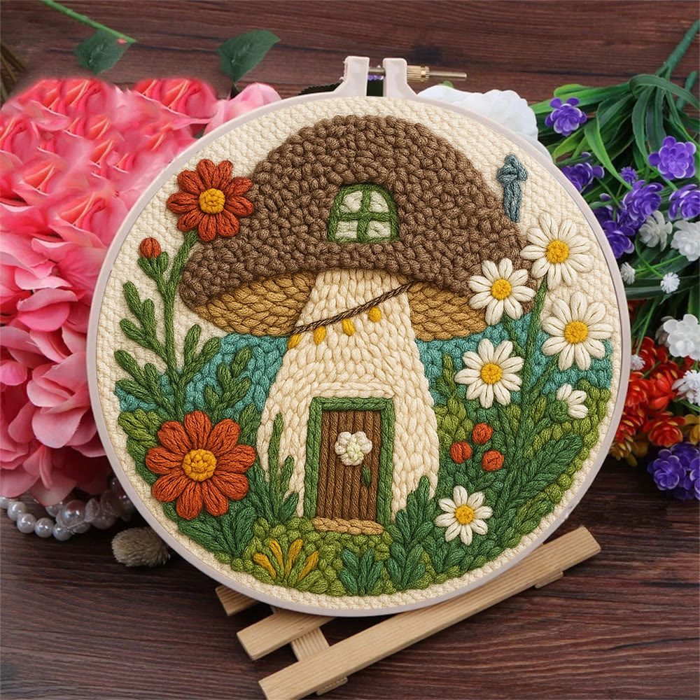 Mushroom House Punch Needle Kit - Diy Punch Needle Coaster | Handmade Floral Craft | Fantasy Needle Artwork - image 3
