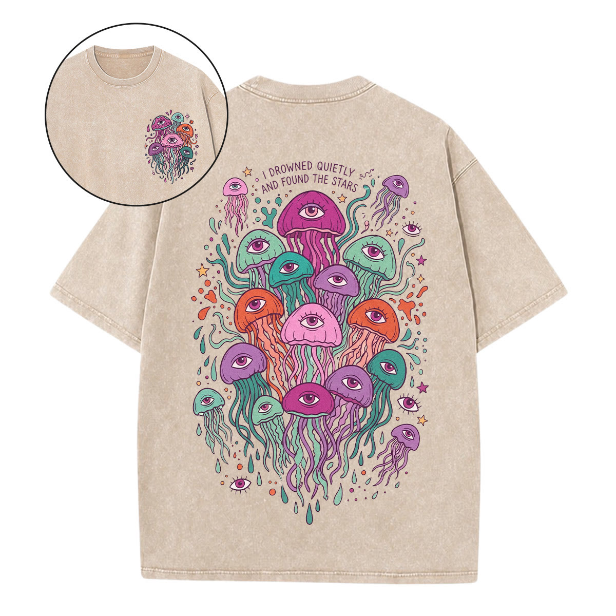 Rubbyoo Spooky Jellyfish Double Sided Unisex Washed T-shirt Jellyfish Lover Gift - Apricot - 5XL - image 13