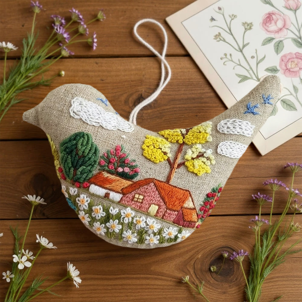 Rubbyoo Bird-shaped Embroidery Kit - Cottage Landscape Scene | Mother's Day Keepsake | Whimsical Wall Hanging Ornament - image 5