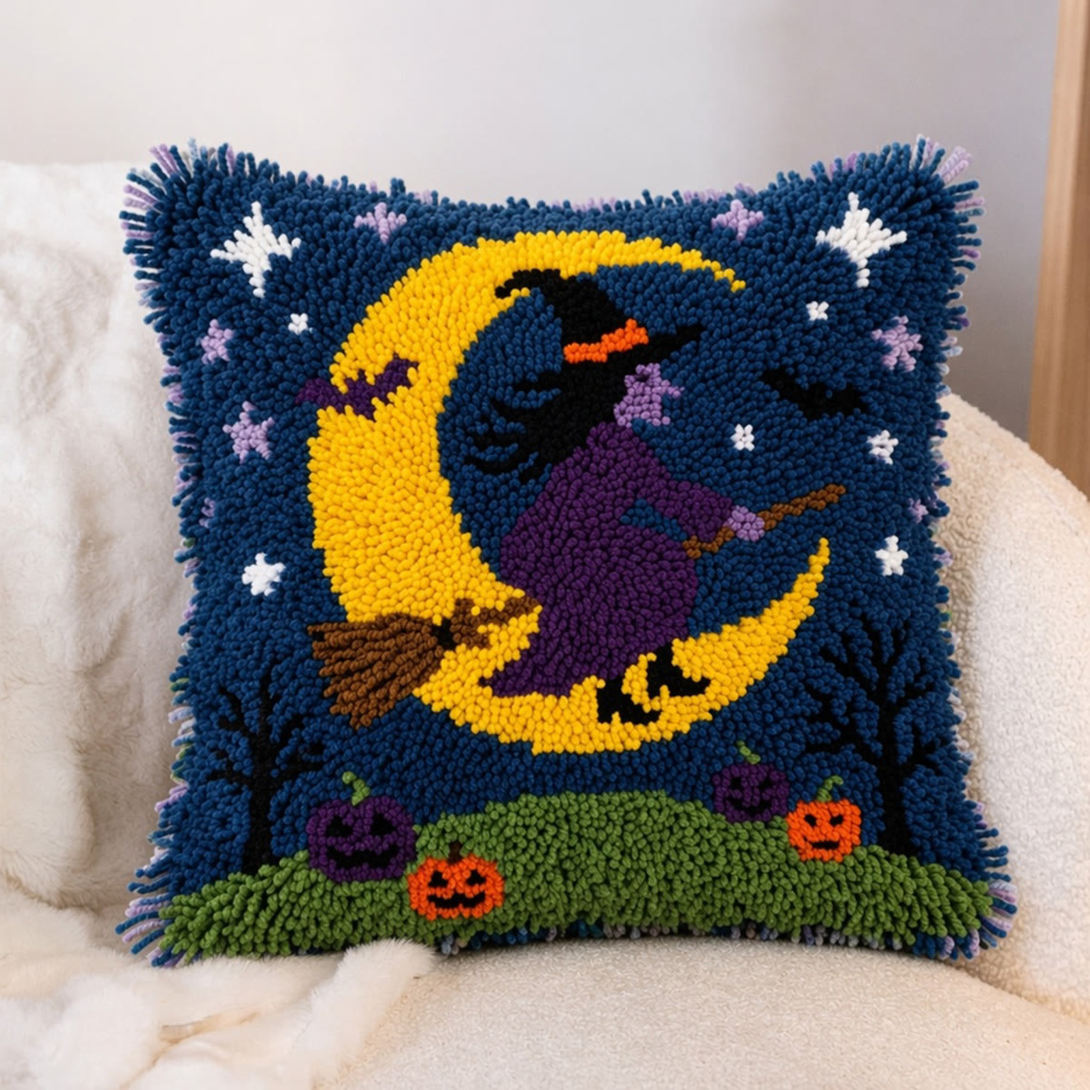 Rubbyoo Latch Hook Pillow Kit - Flying Witch | Cozy Cushion Art | Diy Halloween Room Decor - image 4