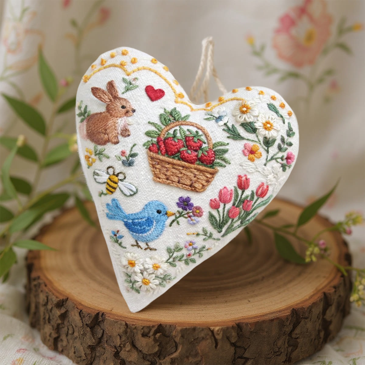 Rubbyoo Heart Embroidery Kit - Bunny Strawberry Basket Bird | Newbie-friendly Diy Project | Elegant Embroidered Hanging Ornament - image 6