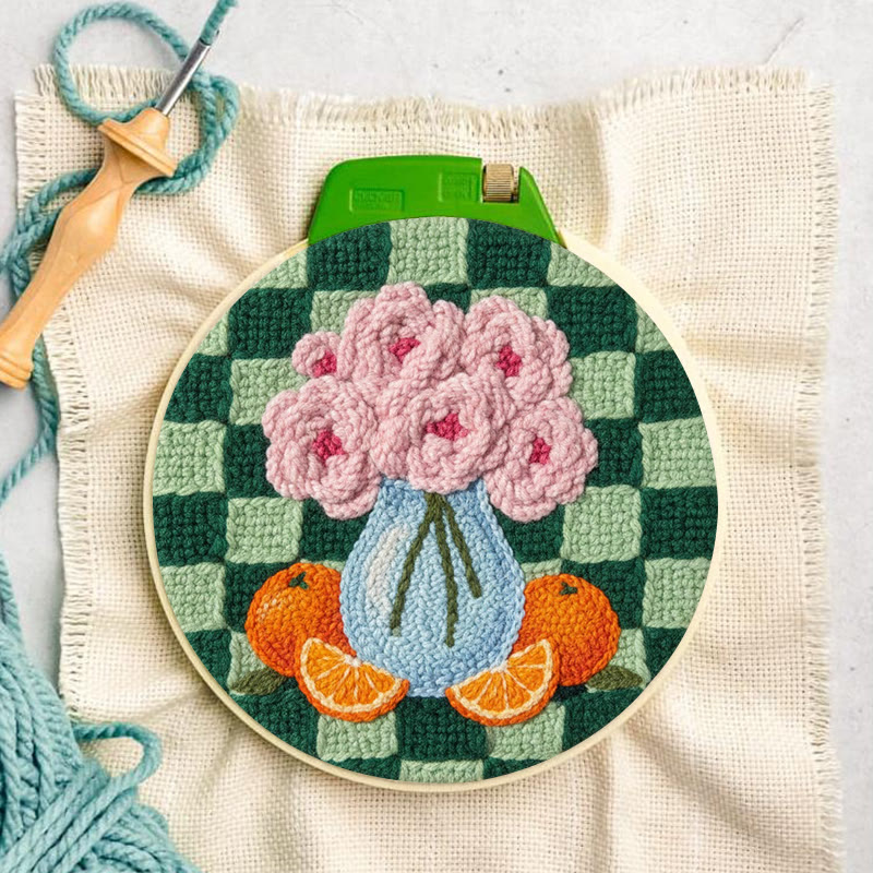 Blush Flower And Orange Checkerboard Punch Needle Kit – Exquisite Handmade Gift | Novice-Friendly DIY Project - image 3