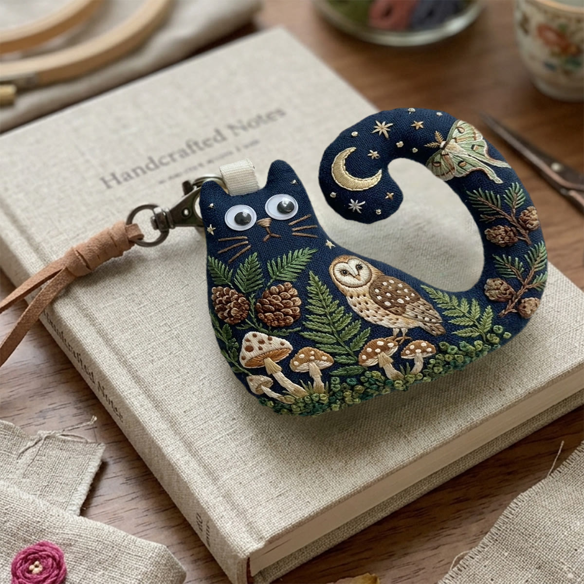 Rubbyoo Cat Embroidery Kit - Luna Moth And Owl Art | Forestcore Birthday Gift  | Whimsical And Quirky Bag Charm - image 9