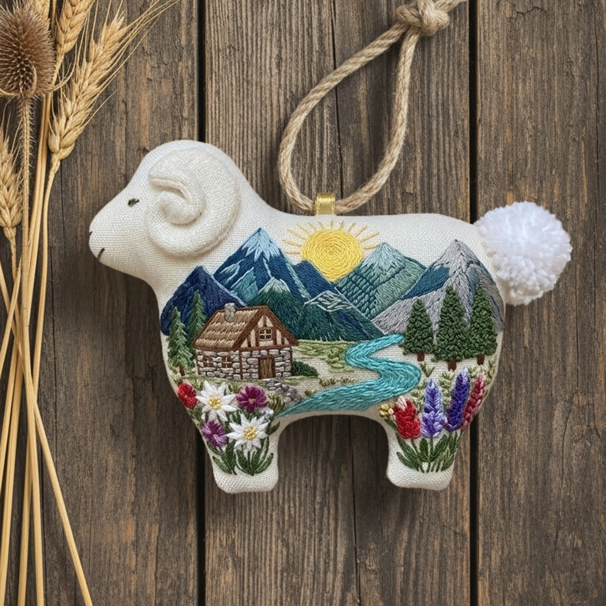 Rubbyoo Lamb-shaped Embroidery Kit - Mountain Cabin Scene | Cozy Home Decor | Handmade Wall Art - image 5