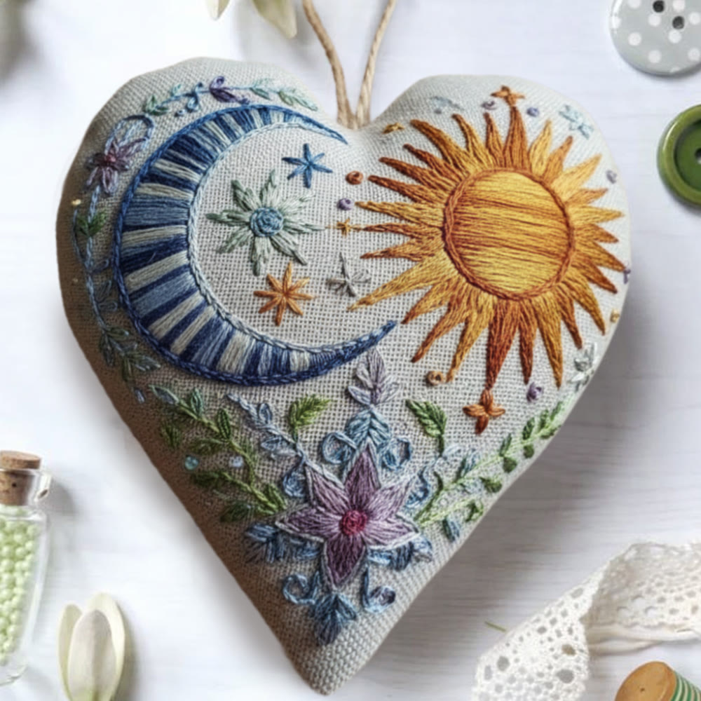 Rubbyoo Heart Embroidery Kit - Sun & Moon |  Folk-Art Style DIY Needlework | Nature Lover's Heart Ornament - image 6