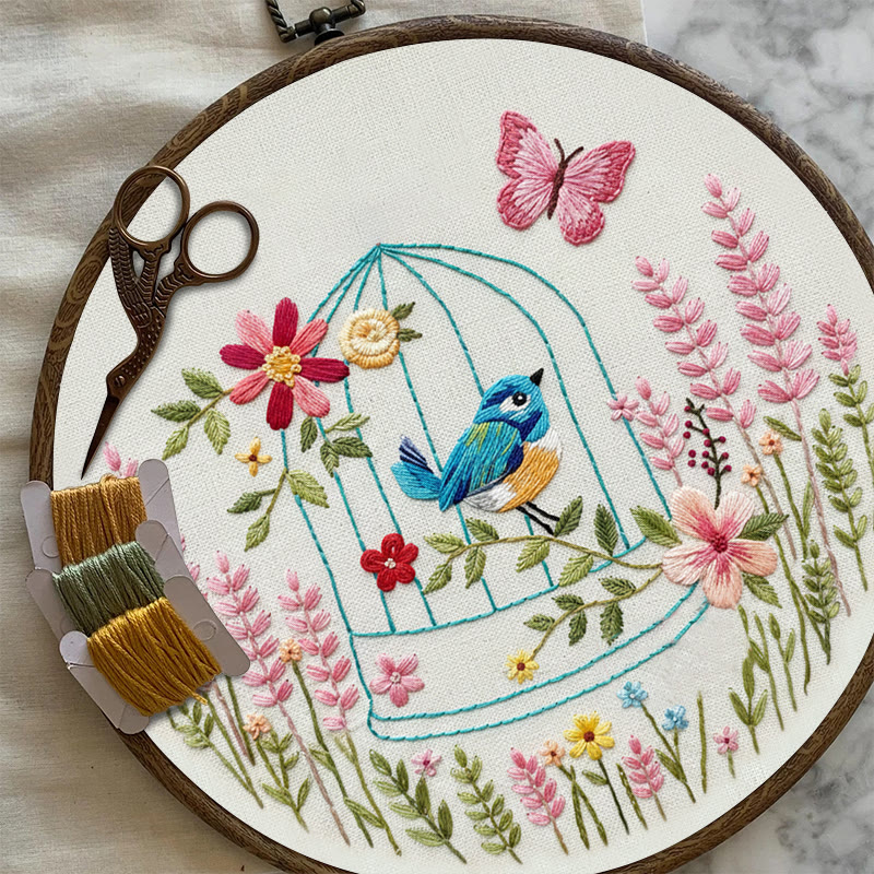 Rubbyoo Embroidery Kit - Bird In A Cage | Floral Handmade Art | Beginner Easy Needlework - image 8