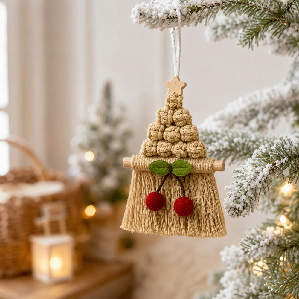 Rubbyoo Christmas Tree Cherry Wall Hanging - Festive Crochet Tassel Ornament | Handcrafted Rustic Holiday Decor  - Khaki - image 5