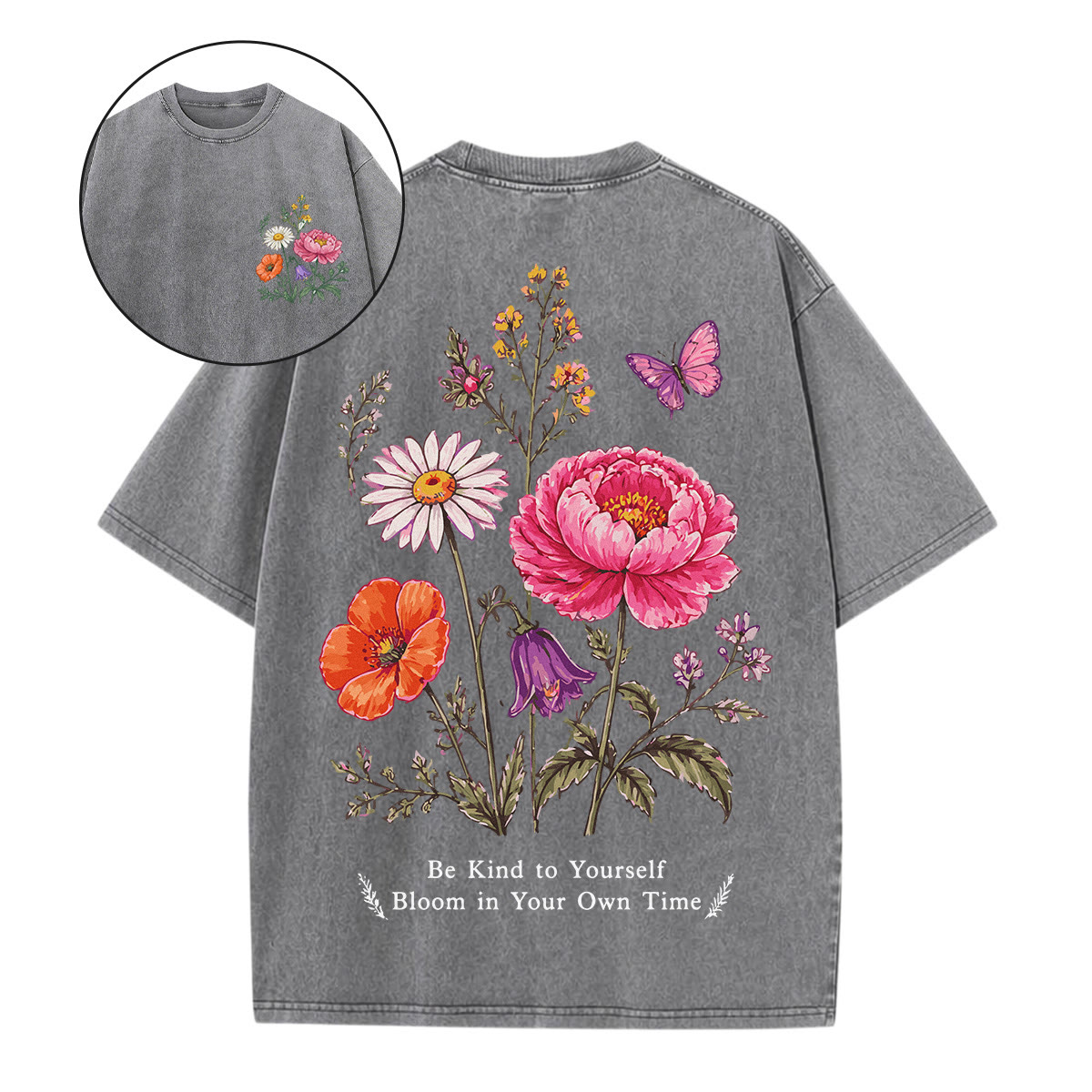 Rubbyoo Bloom In Your Own Time Double Sided Unisex Washed T-shirt Intricate Floral Outfit - Grey - 5XL - image 17