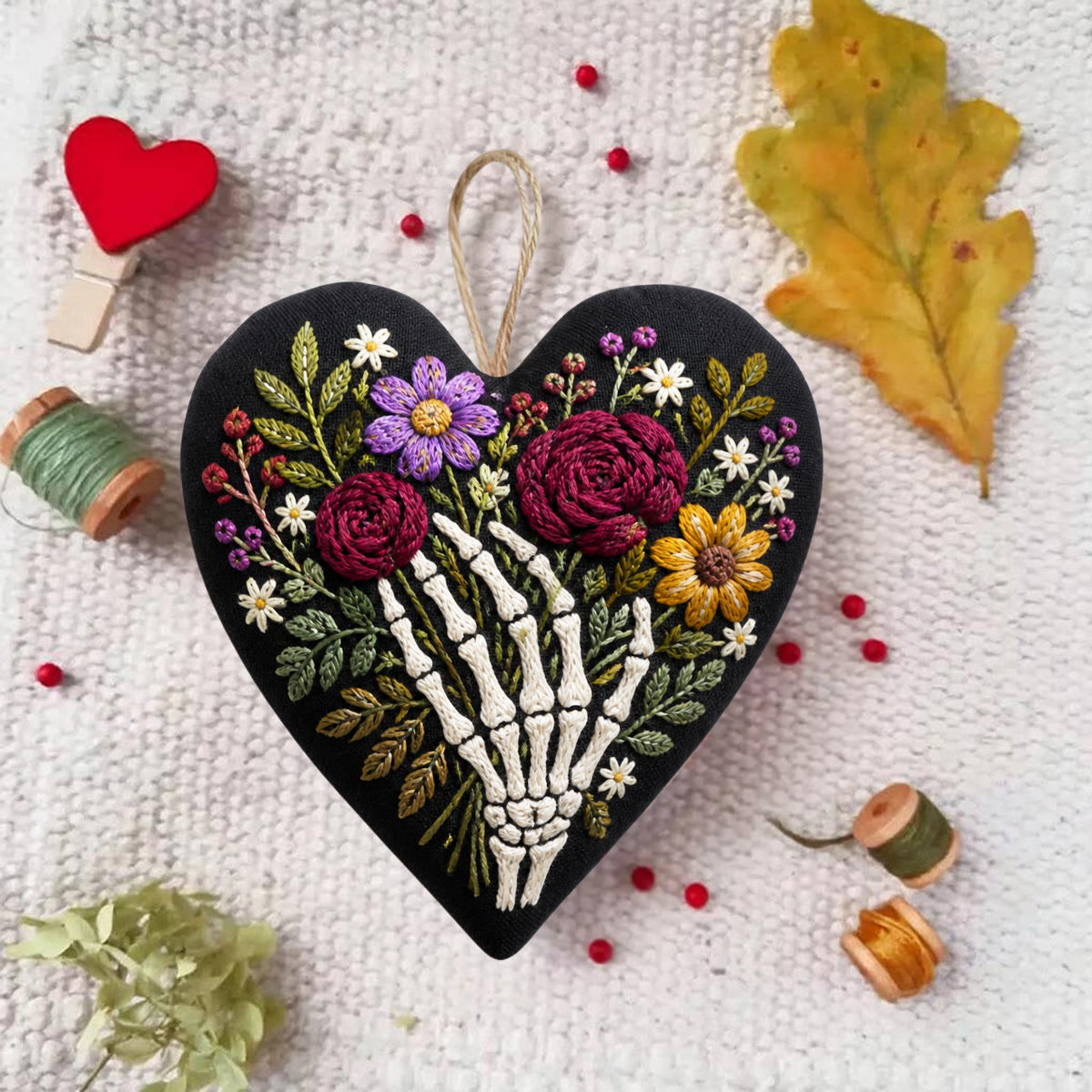 Rubbyoo Heart Embroidery Kit - Floral Skeleton Hand | Dark Romantic Botanical Art | Diy Floral Day Of The Dead Decor  - image 5