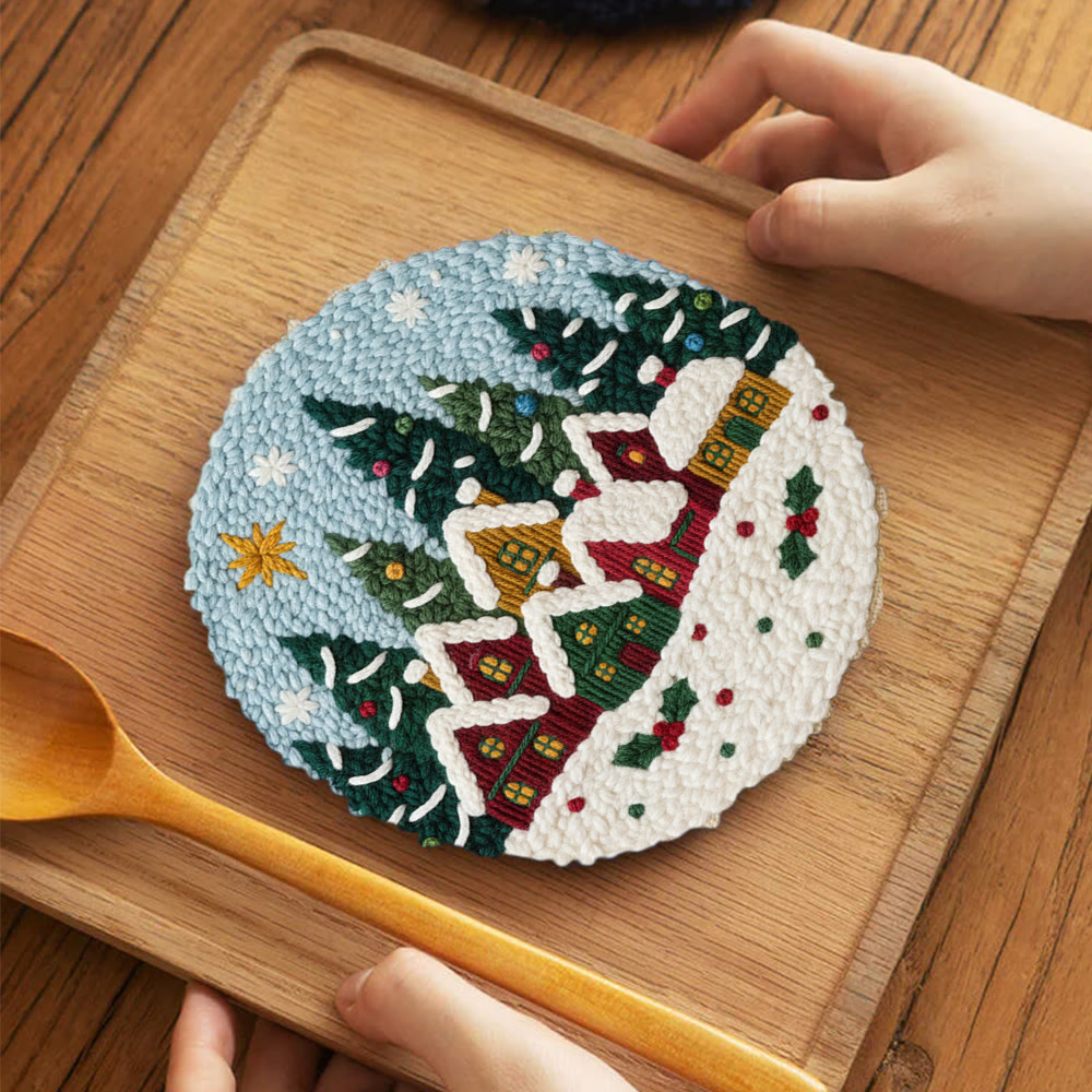 Twinkling Snowy Village Punch Needle Kit – Handmade Gift | Charming Seasonal Wall Piece - 5 inch Coaster Kit - image 4