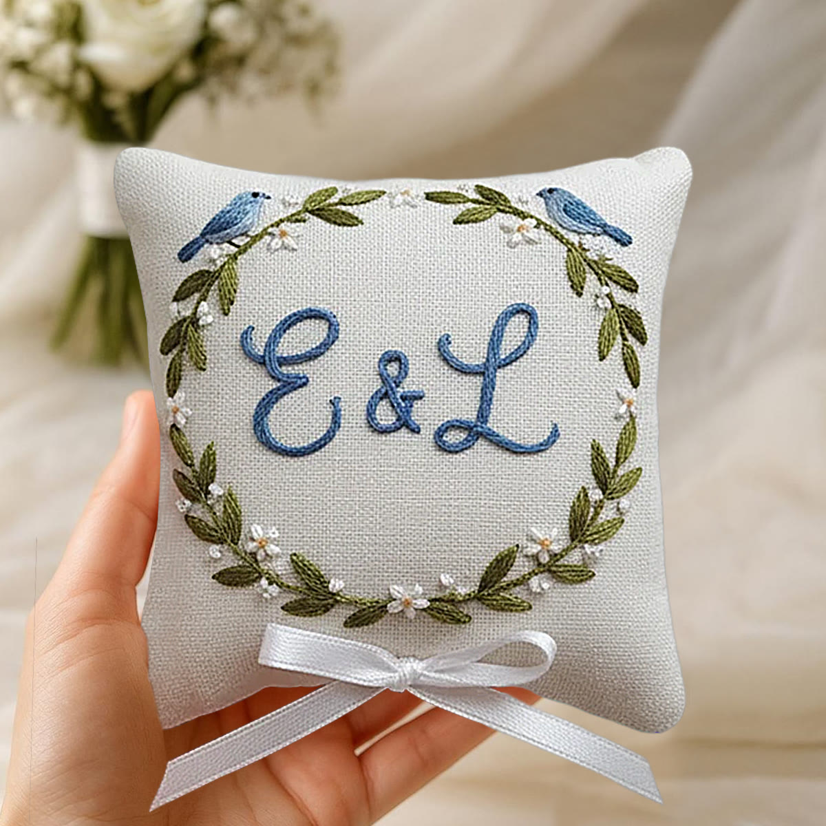 Rubbyoo Personalized Ring Bearer Pillow Embroidery Kit - Blue Birds Initials-adorned Wreath | Exquisite Decor Piece | Anniversary Gifting - image 8