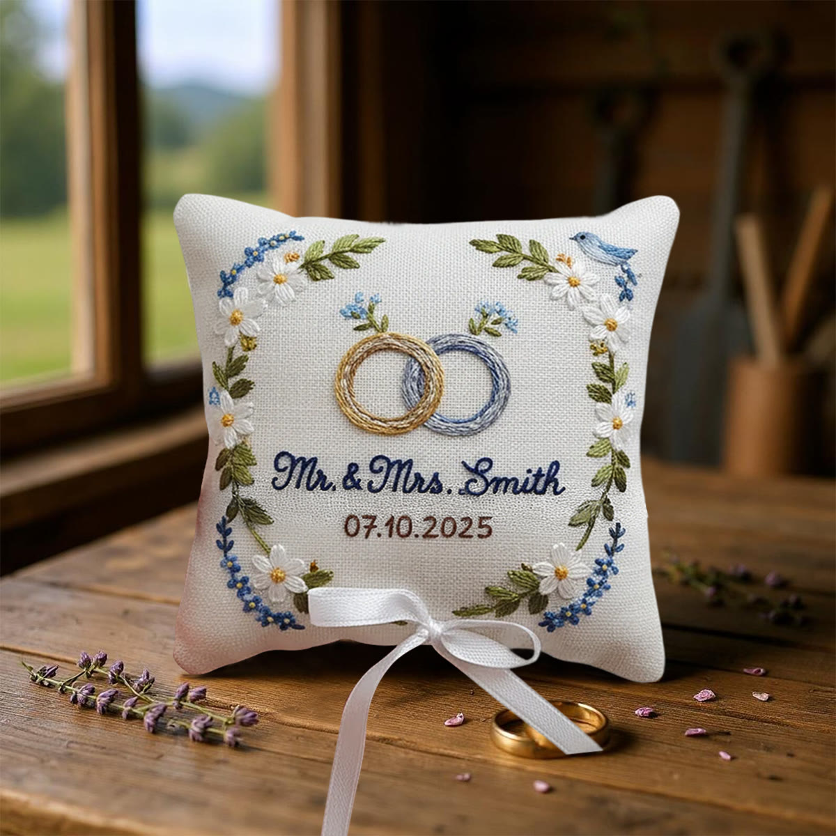 Rubbyoo Personalized Ring Bearer Pillow Embroidery Kit - White Daisy And Blue Flower Wreath | Beginner Diy | Weddings Anniversaries - image 8