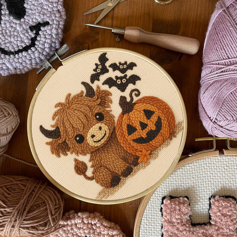 Cow Wtih Pumpkin Punch Needle Kit - Halloween Animal Decor | Diy Hoop Artwork - image 8