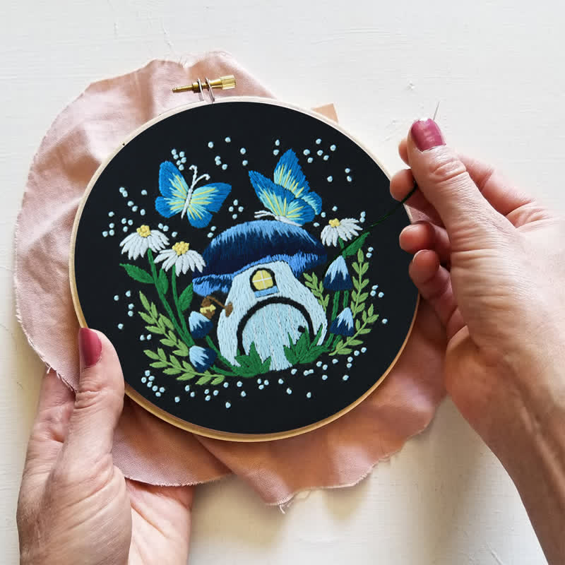 Rubbyoo Embroidery Kit - Blue Dreamy Glowing Mushroom House - image 4