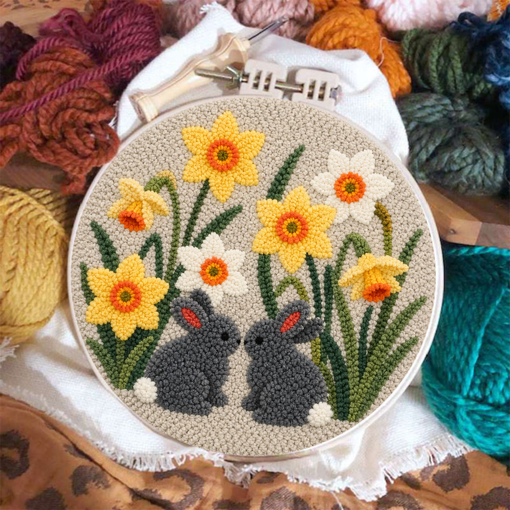 Daffodil And Rabbit Punch Needle Kit - Floral Hand Embroidery Hoop Art | Diy Nursery Decor - image 3
