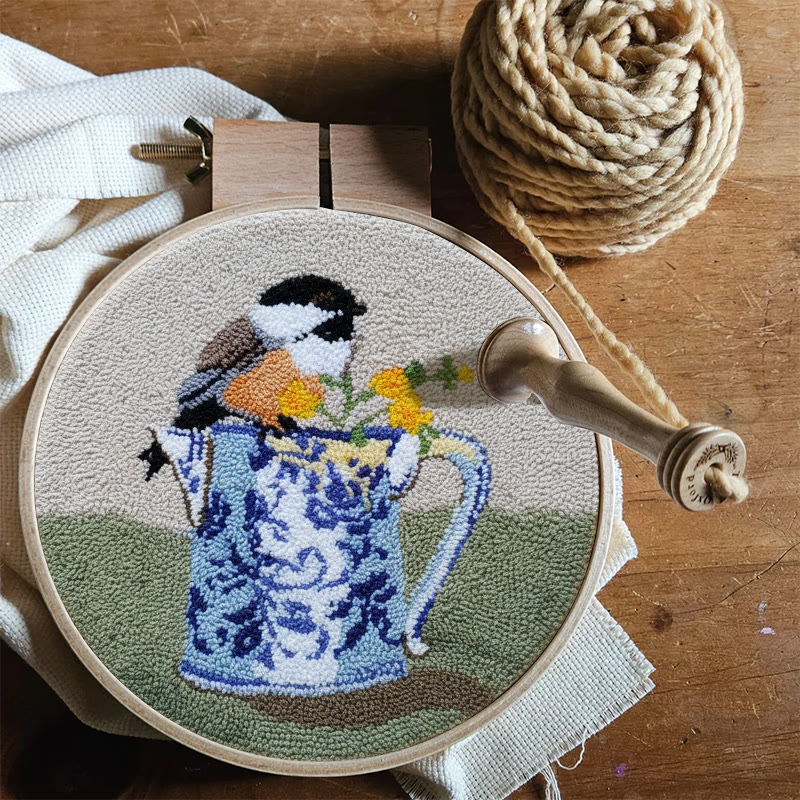  Bird With Teapot Punch Needle Kit - Lovely Bird Handicraft |  Diy Decorative Hoop Art - image 5