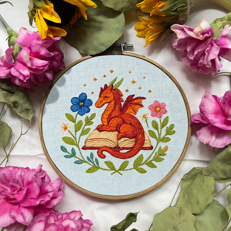 Rubbyoo Embroidery Kit - Red Dragon With Floral Books | Easy Fantasy Handicraft | Nice For Reading Lovers - image 5