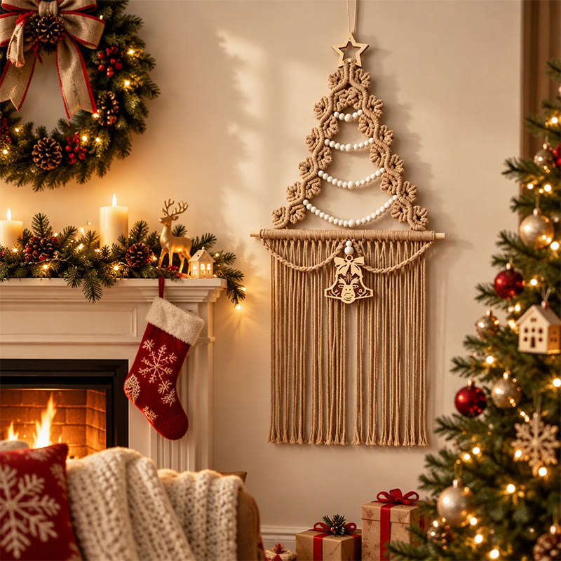 Rubbyoo Christmas Tree Tassel Woven Wall Hanging - Handmade Boho Accent | Festive Decoration For Home  - Khaki - image 4