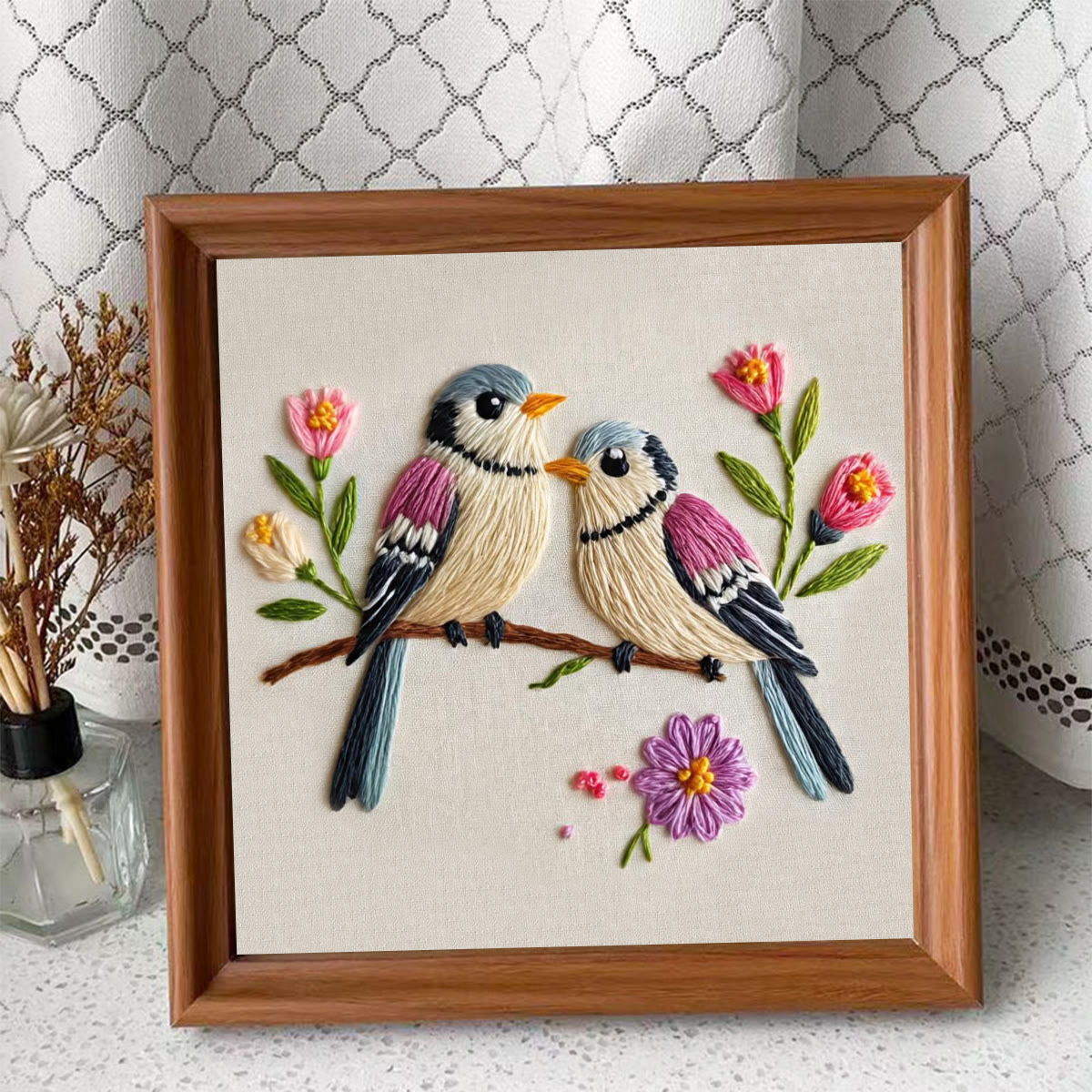 Rubbyoo Embroidery Kit - Two Birds with Floral | Beginner-Friendly Craft for Newbies | Exquisite Embroidery Decor - Embroidery Kit Plus An Extra Frame - image 4
