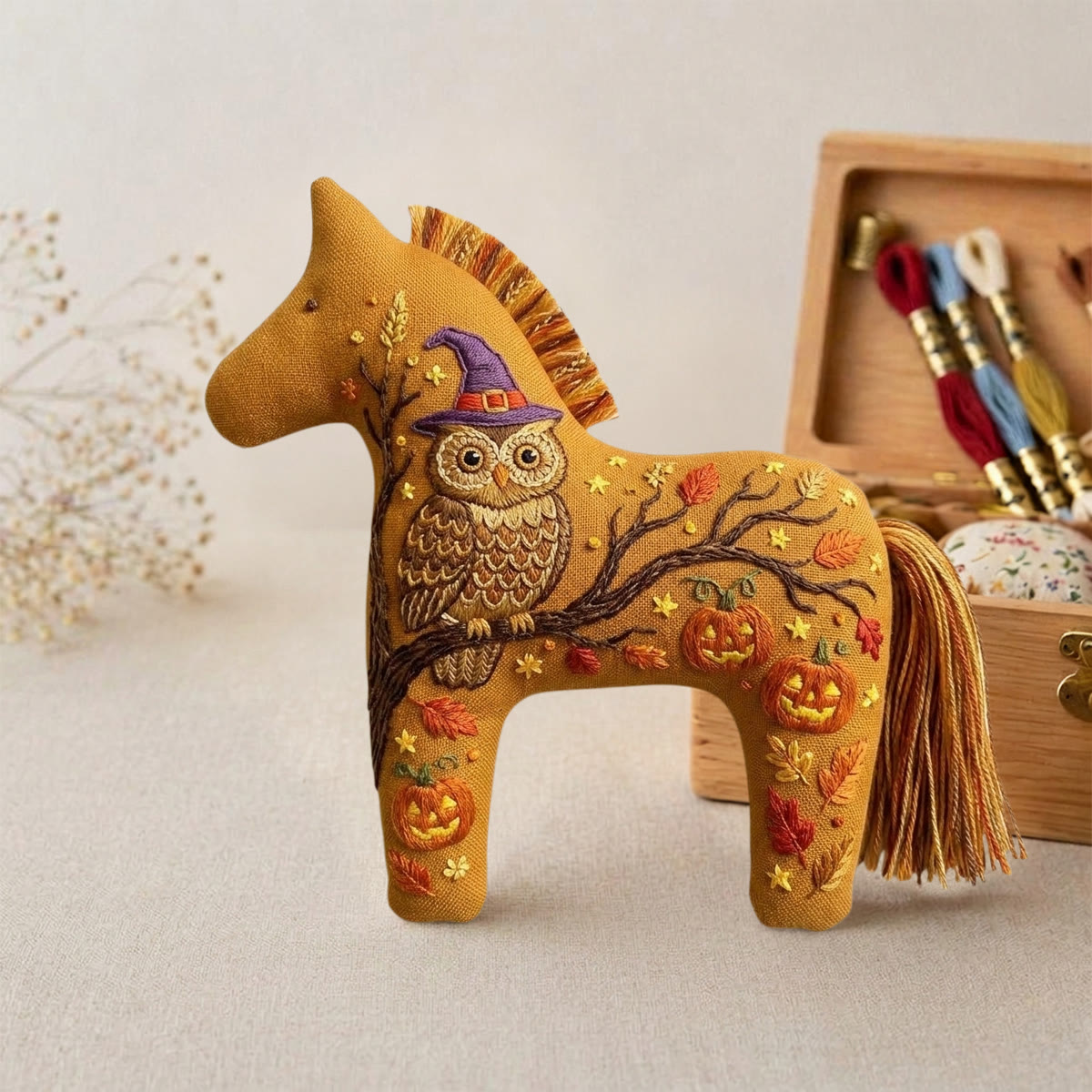 Rubbyoo Dala Horse Embroidery Kit - Halloween Witch Owl & Jack-o'-lantern | Vintage Room Decor | Multi-occasion Gift For Birthday & Holiday - image 5