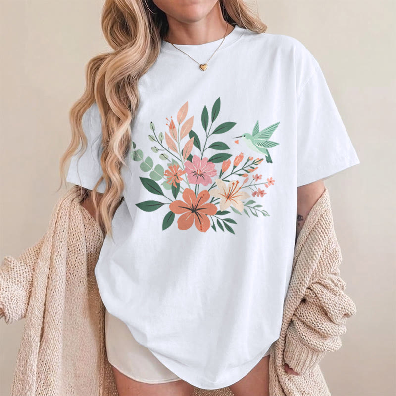 Rubbyoo Wonderful Garden  Graphic Tee  - Artistic  Hummingbird & Flower Pattern  | Summer Lightweight Casual Wear - image 13
