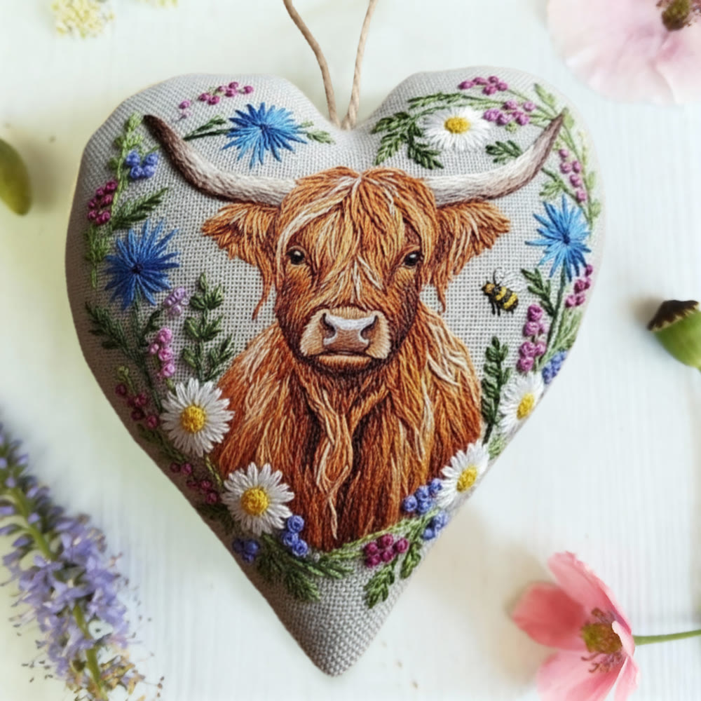 Rubbyoo Heart Embroidery Kit - Highland Cow And Wildflower | Whimsical Craft | Rustic Gift Pick - image 7