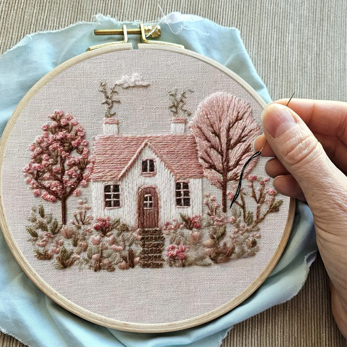 Rubbyoo Embroidery Kit - Pastel Cottage Scene | Cozy Wall Ornament | Newbie-suitable Handmade - image 9