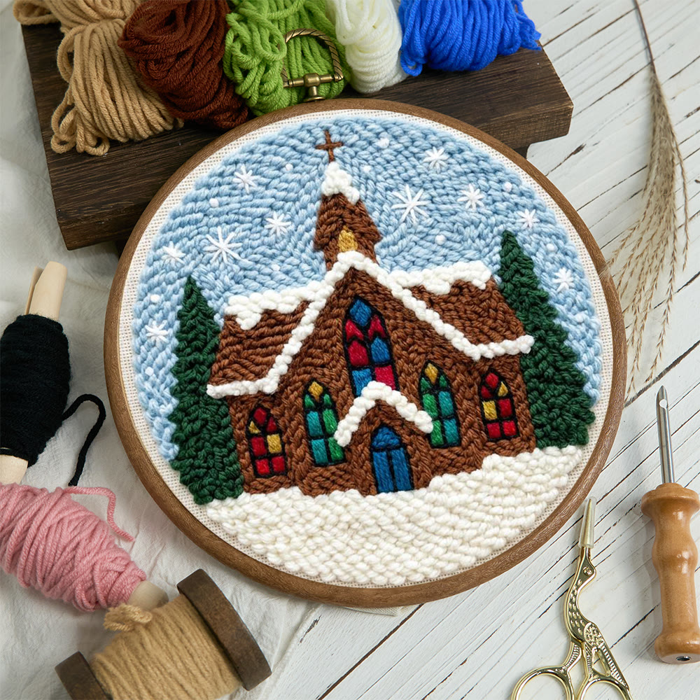 Snowy Stained-glass Church Punch Needle Kit – Novice Needlecraft Hoop | Cozy Winter Home Hanging - image 10