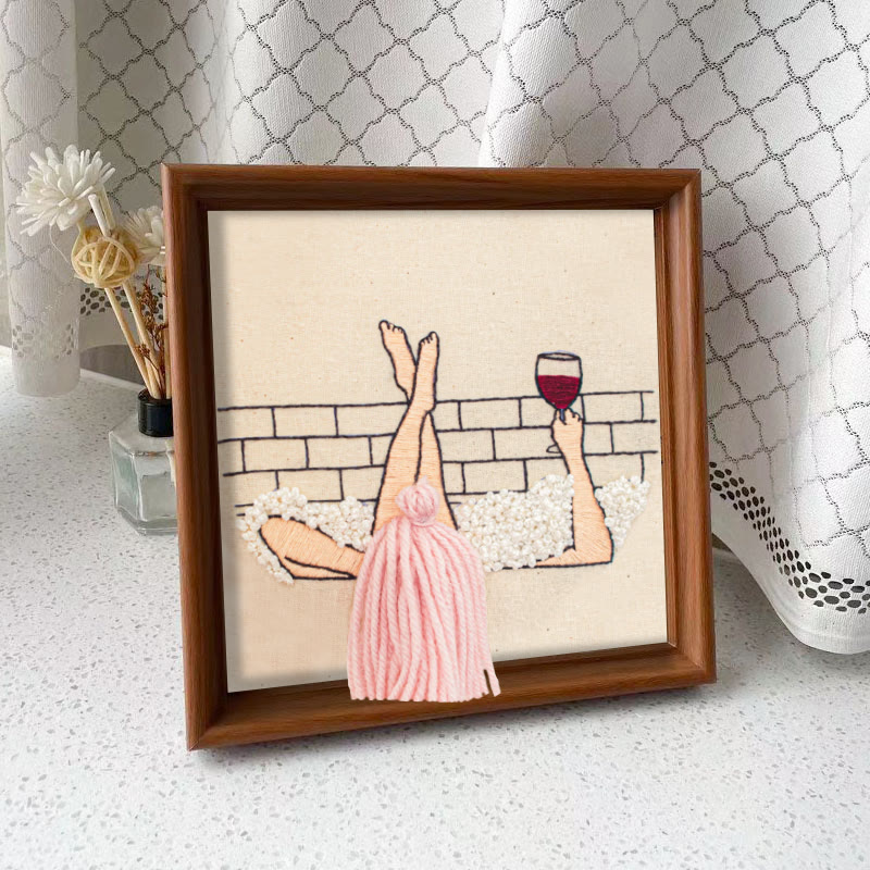 Rubbyoo Embroidery Kit - Wine And Bath | 3d Hair Handicraft | Creative Needle Artwork - Embroidery Kit Plus An Extra Frame - image 3