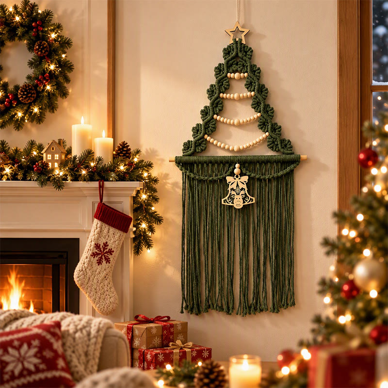 Rubbyoo Christmas Tree Tassel Woven Wall Hanging - Handmade Boho Accent | Festive Decoration For Home  - Olive green - image 6